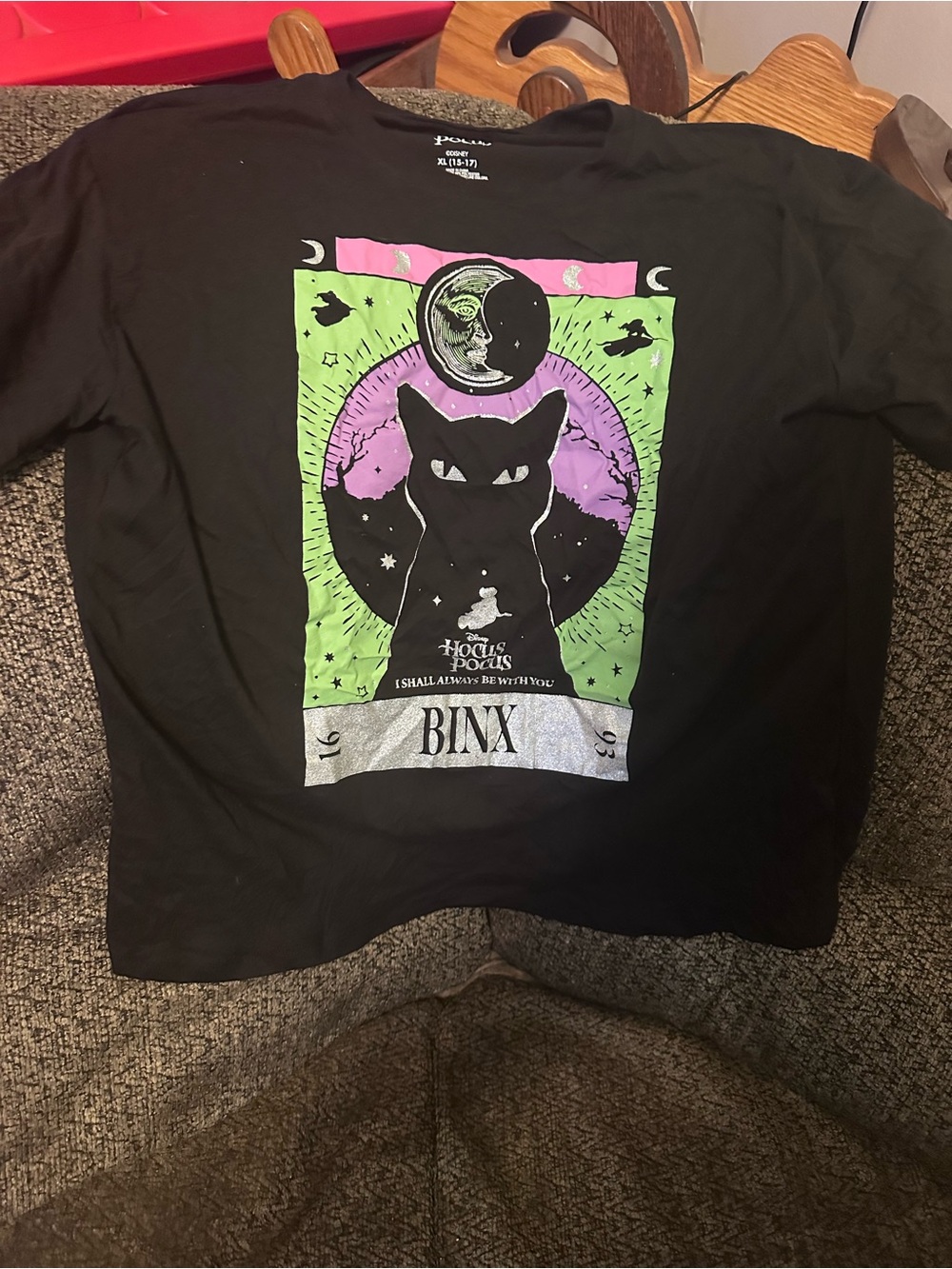 Disney Black Long-Sleeve Tee with Binx Cat and Neon Graphic